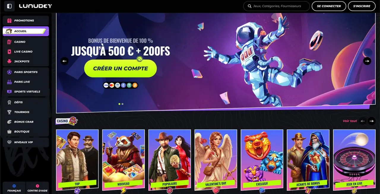 Page d'accueil Lunubet Casino